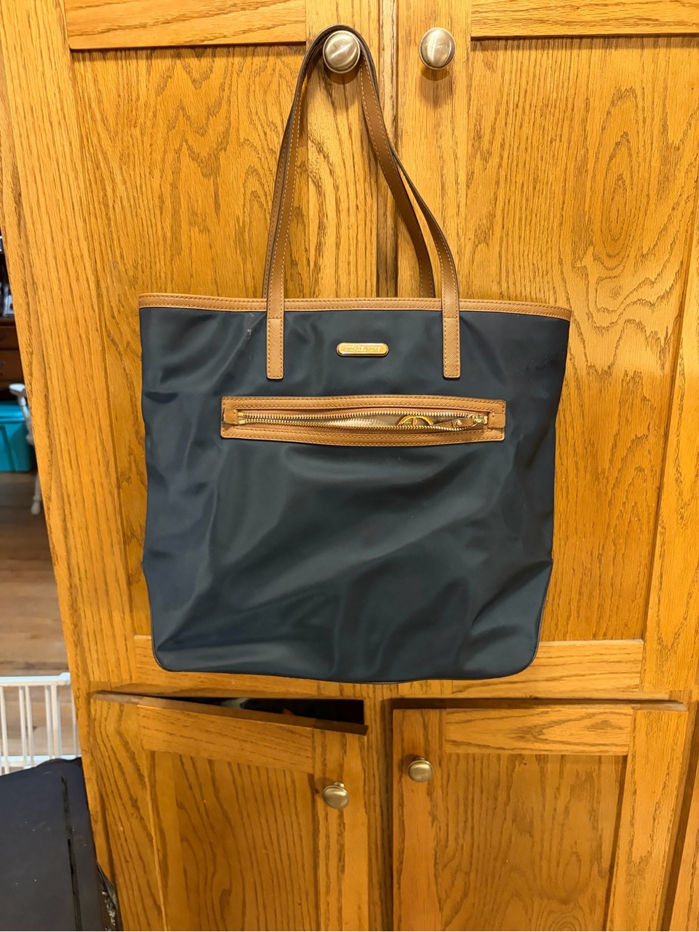 Michael Kors Navy Tote with Tan Trim and Zip Pocket